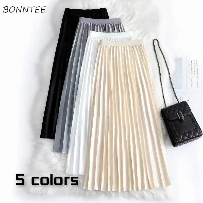 M-3XL Classic Pleated Midi Skirts Women Simple Summer High Waist Mature Office Ladies Solid All-match Autumn Breathable Popular