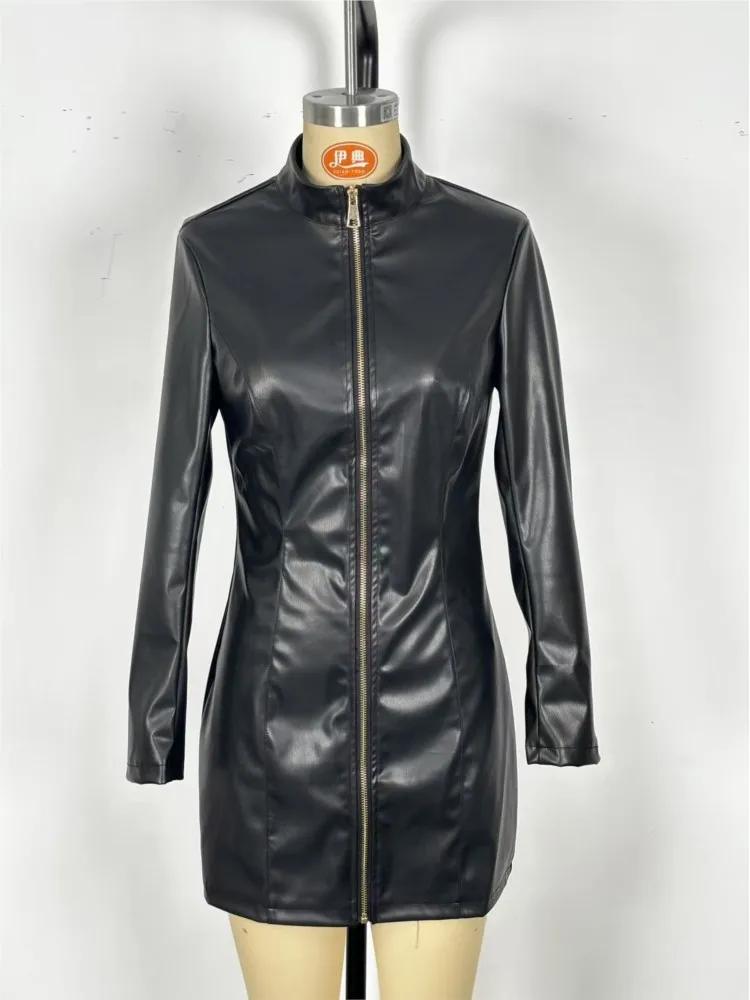 New PU Leather Dresses Spring Autumn Mock Neck Zipper Long Sleeve Package Hip Mini Dress Slim Elegant A-Line Dress For Women