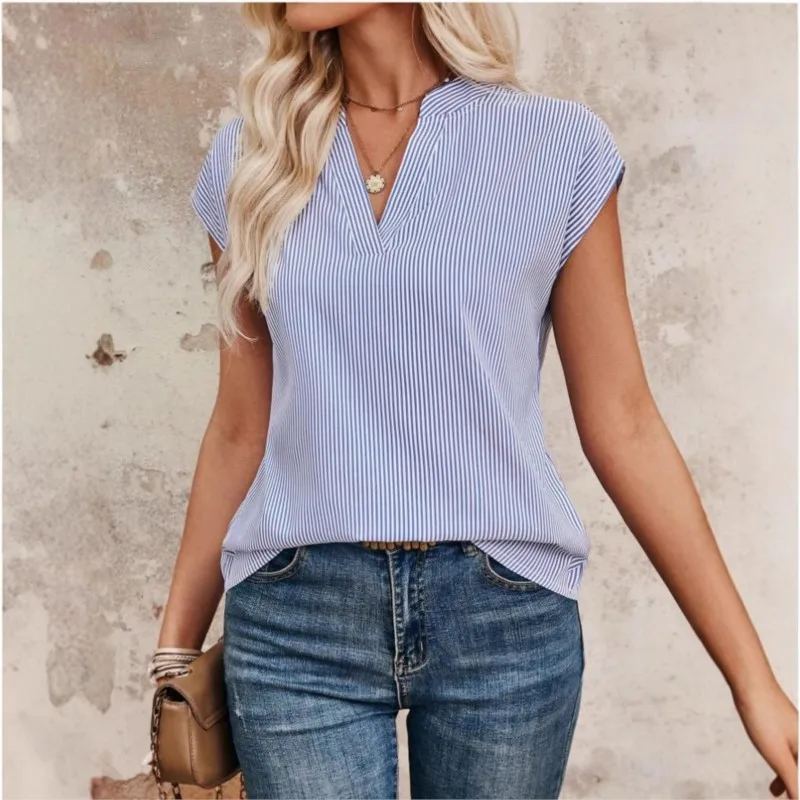 

Women's Elegant Blouses New Summer Buttoned Short-sleeve Shirt Lapel Casual Striped Top Office Lady Simple Shirts Women Clothing