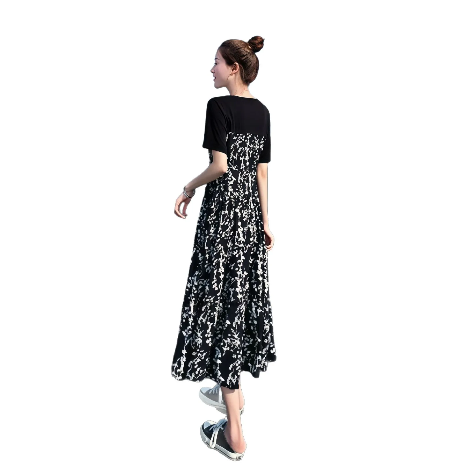 Vestido para mulher 2025 verão novo estilo hepburn estilo médio longo saia floral temperamento cintura alta manga curta saia longa