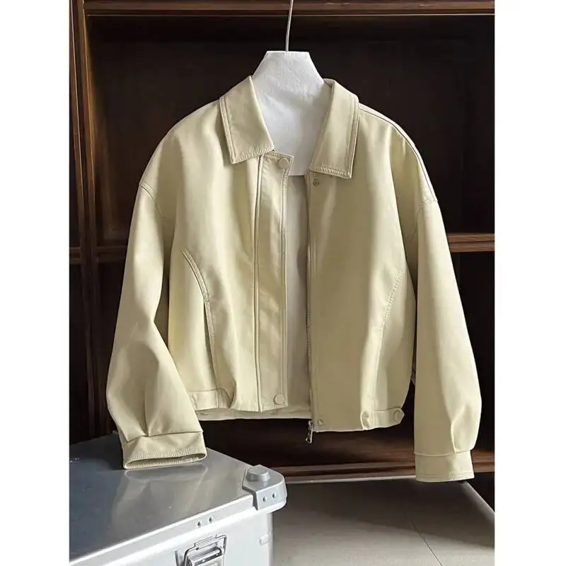 Women Short PU Leather Jacket Spring Turn Down Collar Zipper Long Sleeve Loose Casual Coat