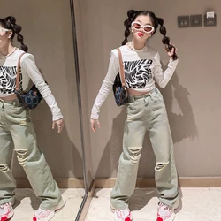 Spring and Autumn Teen Girls Clothing Sets Children Fashion Casual Letter Tops + Ripped Jeans Pants 2Pcs Outfits Kids Tracksuit