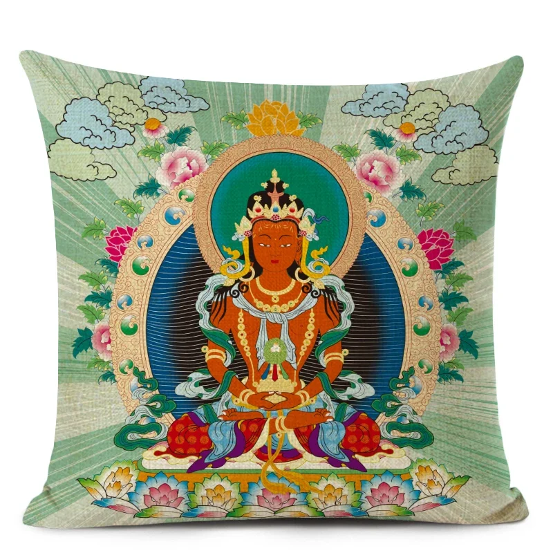 Thang-ga Painting Art Decorative Cushion Cover Religious Buddha Statue Printed Pillow Case Sofa Home Decor Linen Pillow Cover