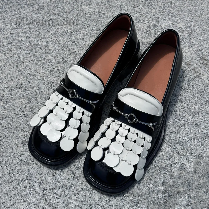 Retro Thick Soled Tassel Metal Buckle Loafers Single Shoe British Style Round Head Women's Pumps Leather Shoes Female Spring