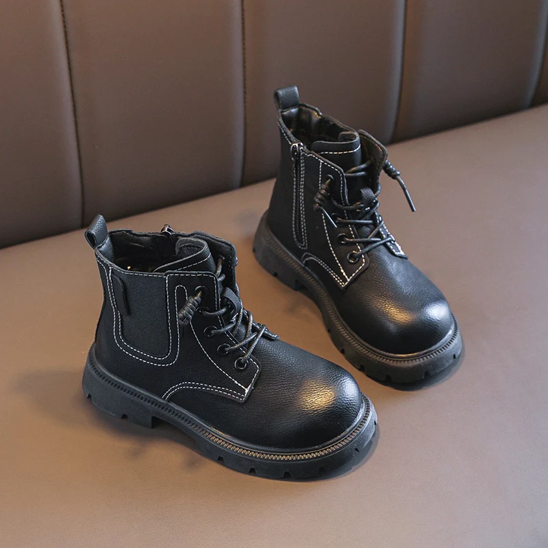 Children Outdoor Ankle Boots Vintage Toddlers PU Leather Boots for Boys Girls Simple Round-to Kids Causal Fashion Boots Zipper