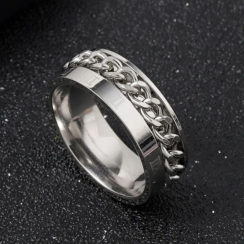 Atmospheric Stainless Steel Jewelry Marked Romanesque Turnable Chain Titanium Steel Ring Men's Viking Couple Rings Wedding New