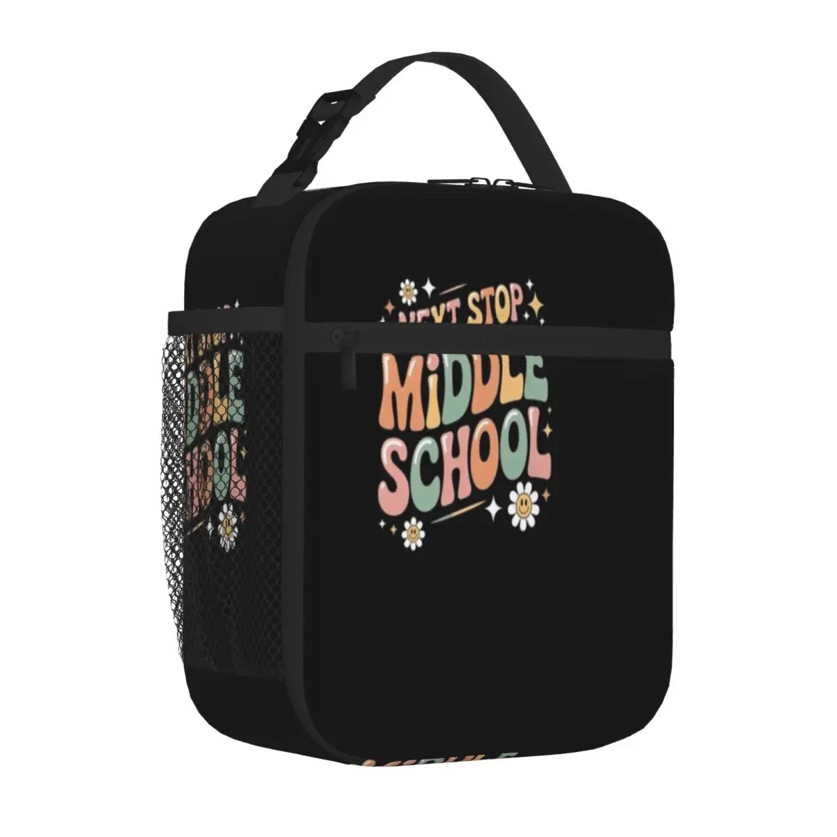 Bestselling Next Stop Middle School Student Groovy Design Everyday Use Shoulder Lunch Bag Car Driving Lunch Commuter Lunch Bag