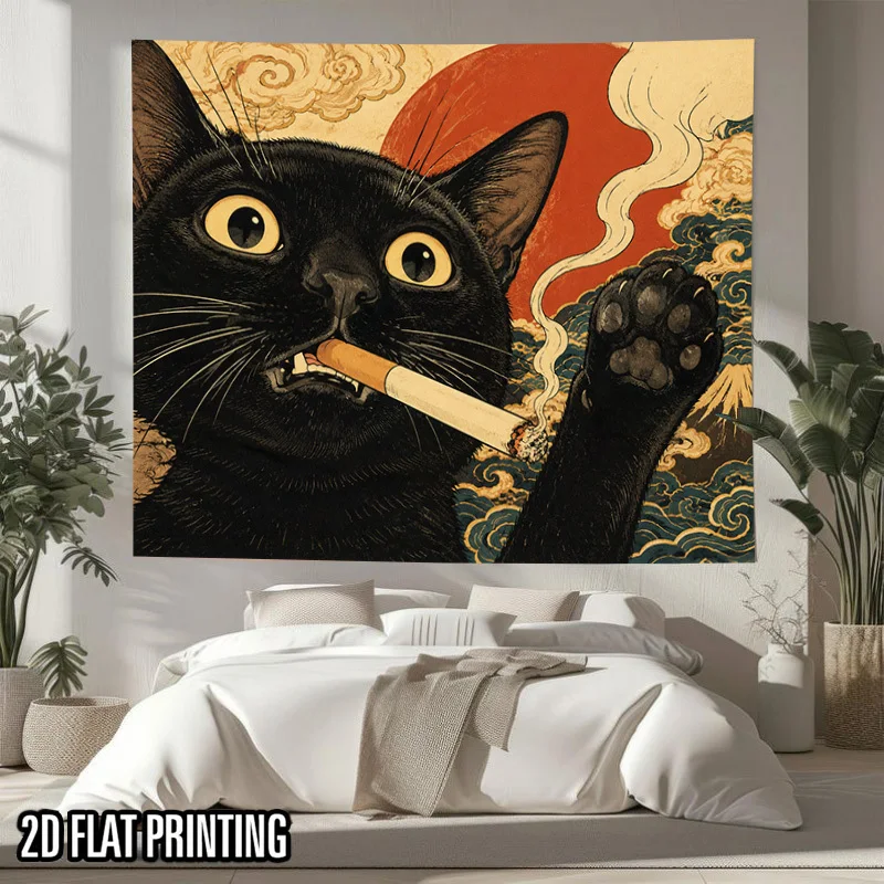 Dramatic Black Cat Gangster Tapestry Wall Hanging Pop Art Illustration Vintage Cigarette Decor for Living Room Home Accent