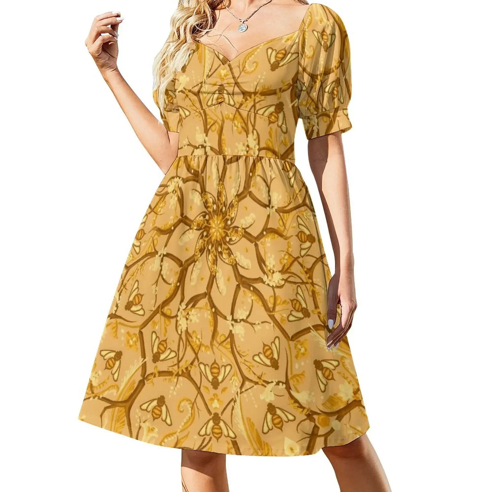 

Bees and Honeycomb flowers Short-Sleeved Dress clothes for woman women clothing 2025 new arrivals Aesthetic clothing