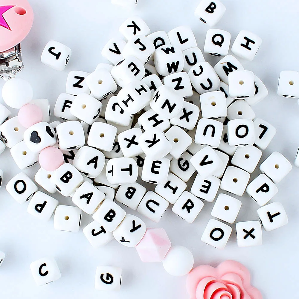 50 stücke 12mm Silikon perlen Buchstabe Baby Beißring Perlen DIY Schnuller Kette Clips personal isierter Name Englisch Alphabet Kau perlen