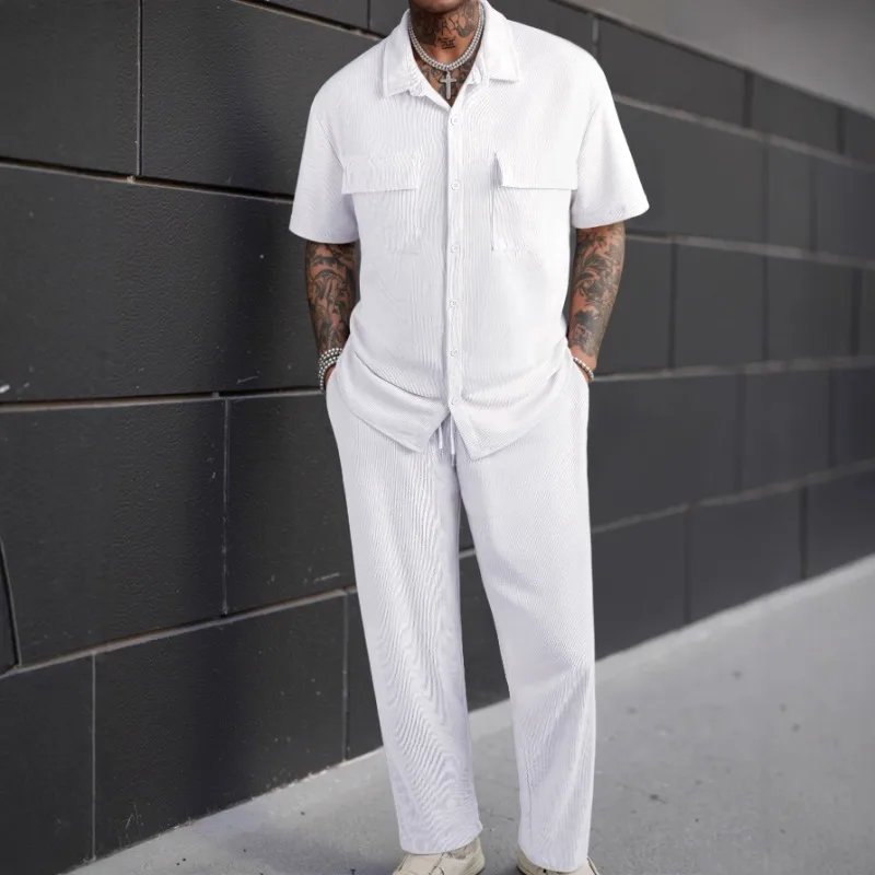 Men's -Border European Plus Size Summer Corduroy 2-Piece Set Button Pocket Short Sleeve Shirt Long Pants Outfit