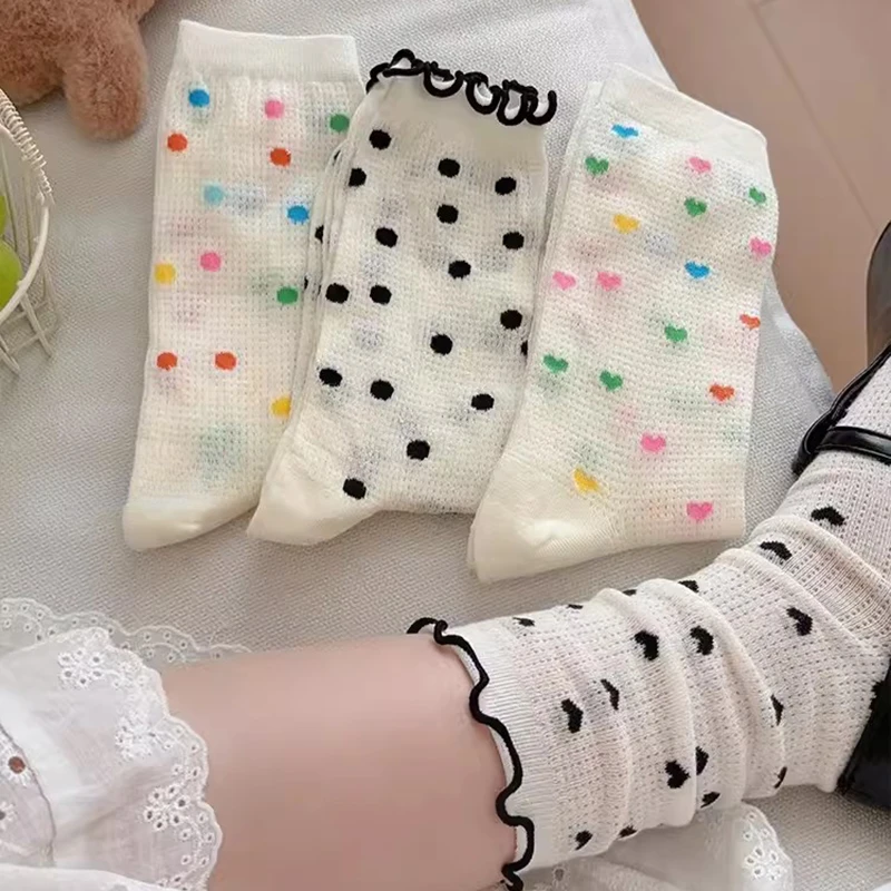 

2pairs Y2K Colorful Polka Dot Socks Summer Thin Cotton Hollow Mesh Japanese Tube Heart Sock Korea Fashion Heart Lace Pile Socks