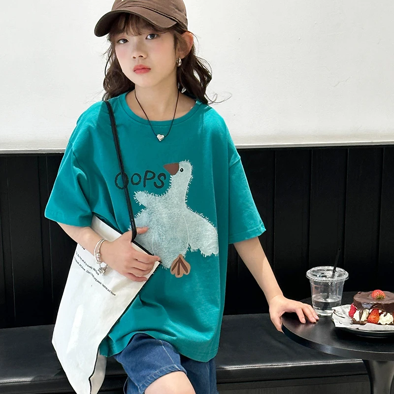 Girls' short sleeved T-shirt loose thin Korean style fashionable Western style top for middle and high school students