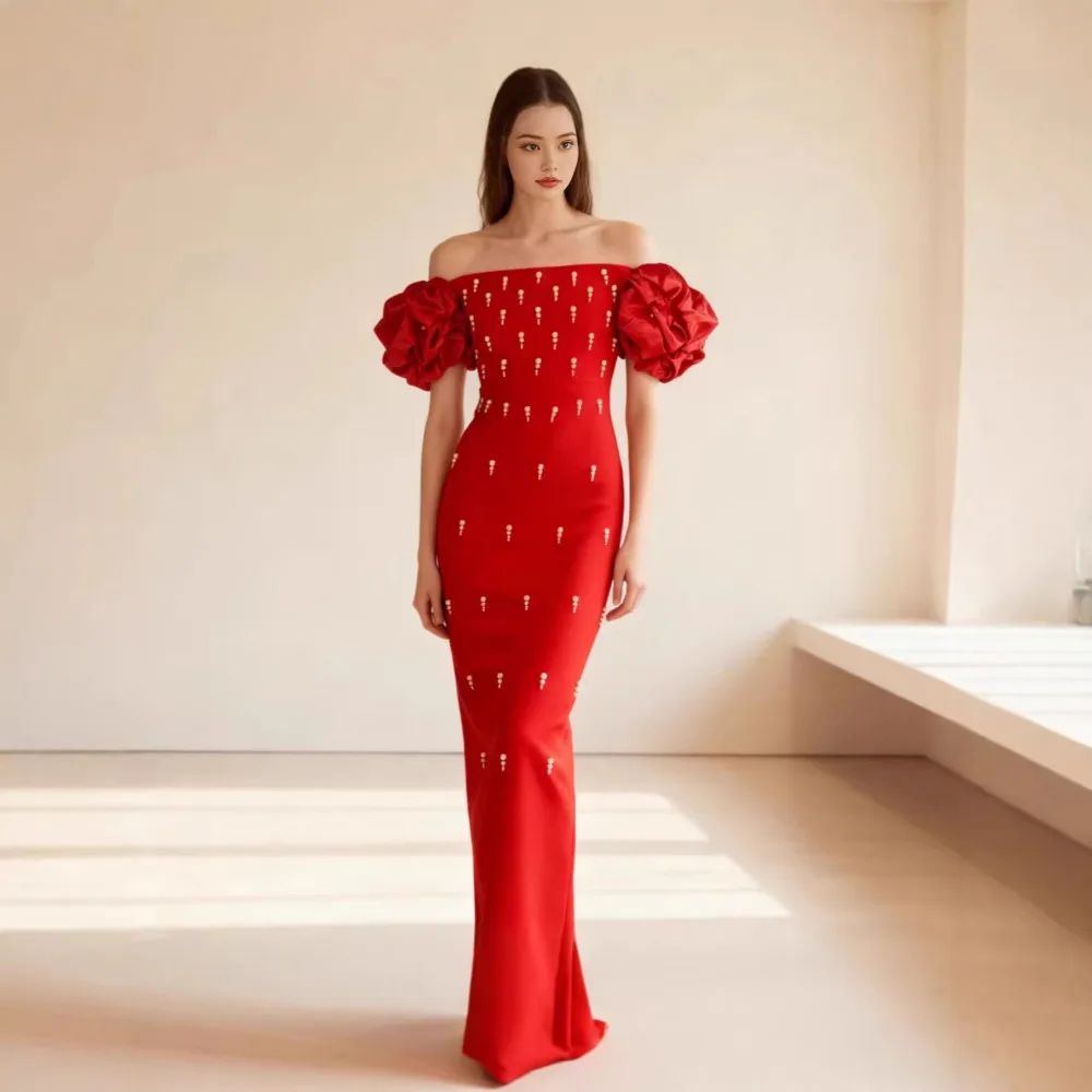 

Elegant Pearl Backless Bodycon Long Bandage Dress Puff Sleeve Shinning Beading Evening Party Dress Celebrity Club Guest Gown
