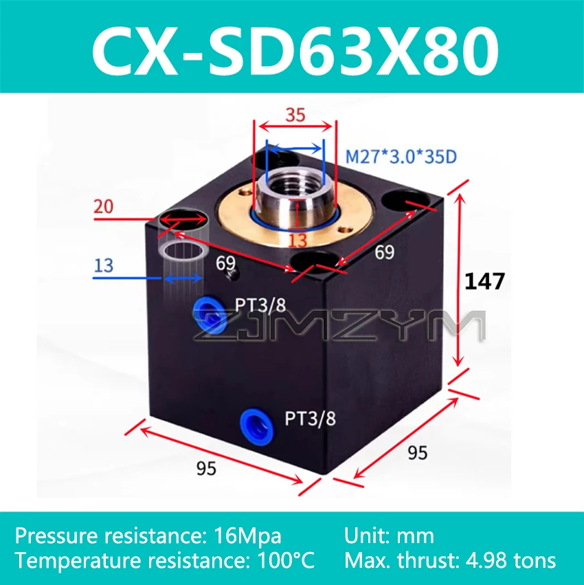 CX-SD63/80 Square Hydraulic Thin Cylinder Vertical Hydraulic Cylinder Stroke 10-100mm Bore 63/80mm Hydraulic Tools Oil Cylinder