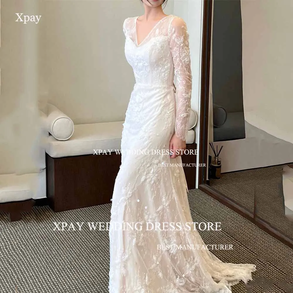 XPAY Luxury Mermaid Korea Wedding Dresses Lace Appliques V Neck Long Sleeves Bridal Gown Custom Made Vintage Bride Dress