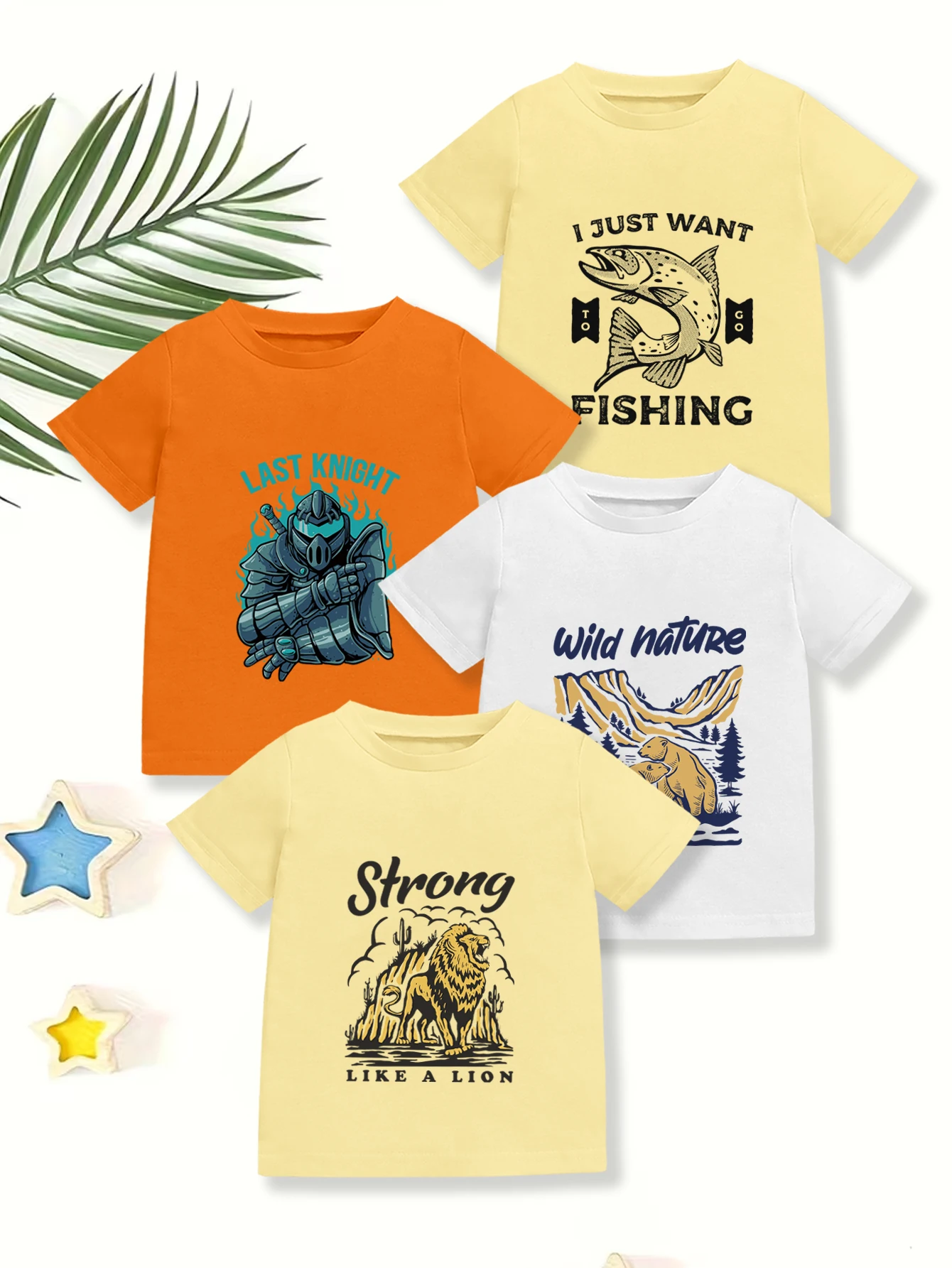 4 pieces: Boys Daily Casual T-shirt Polar Bear Lion Fish Knight Print Summer Tee