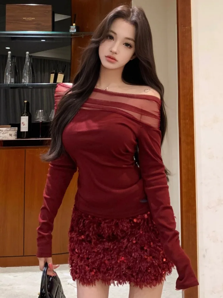 

Sexy Lace Splice One Shoulder Long Sleeve Short Skirt Set Women's Autumn Winter Glitter Bodycon Dress Street Style Fashion