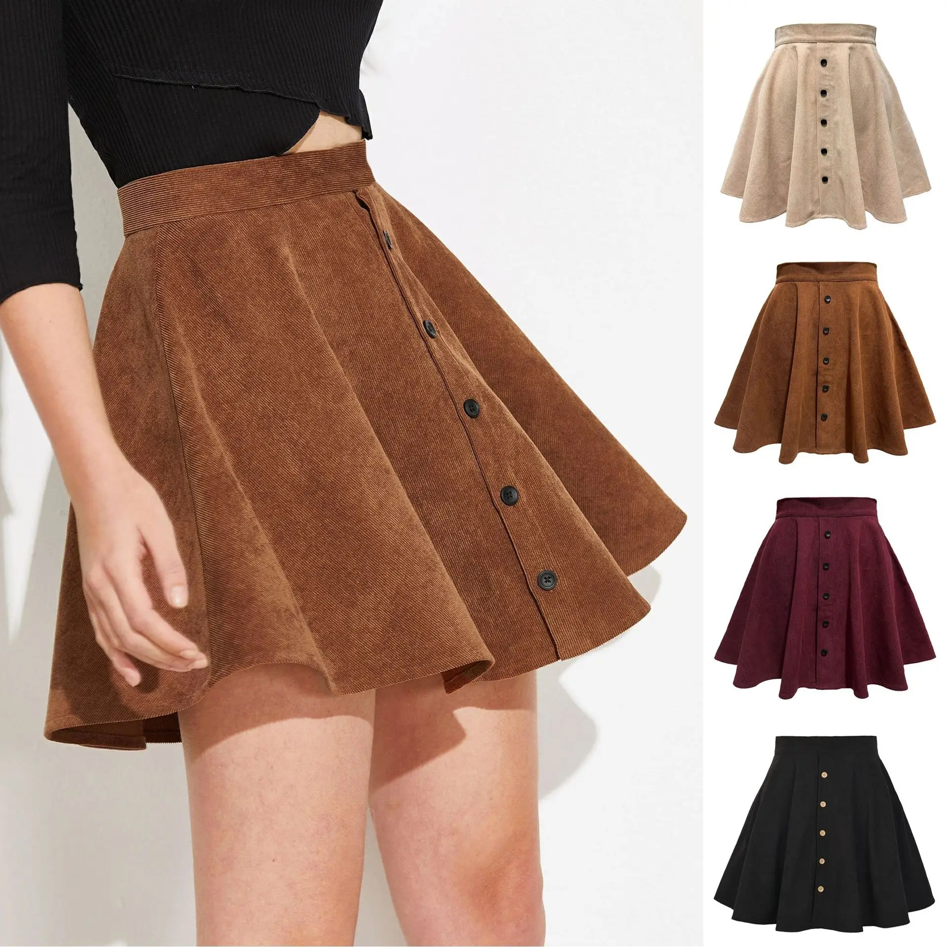 

Autumn Winter Corduroy f-length Skirt Women's High-waist Umbrella Skirt Sweet Button Pure Color Faionable Women's Dr
