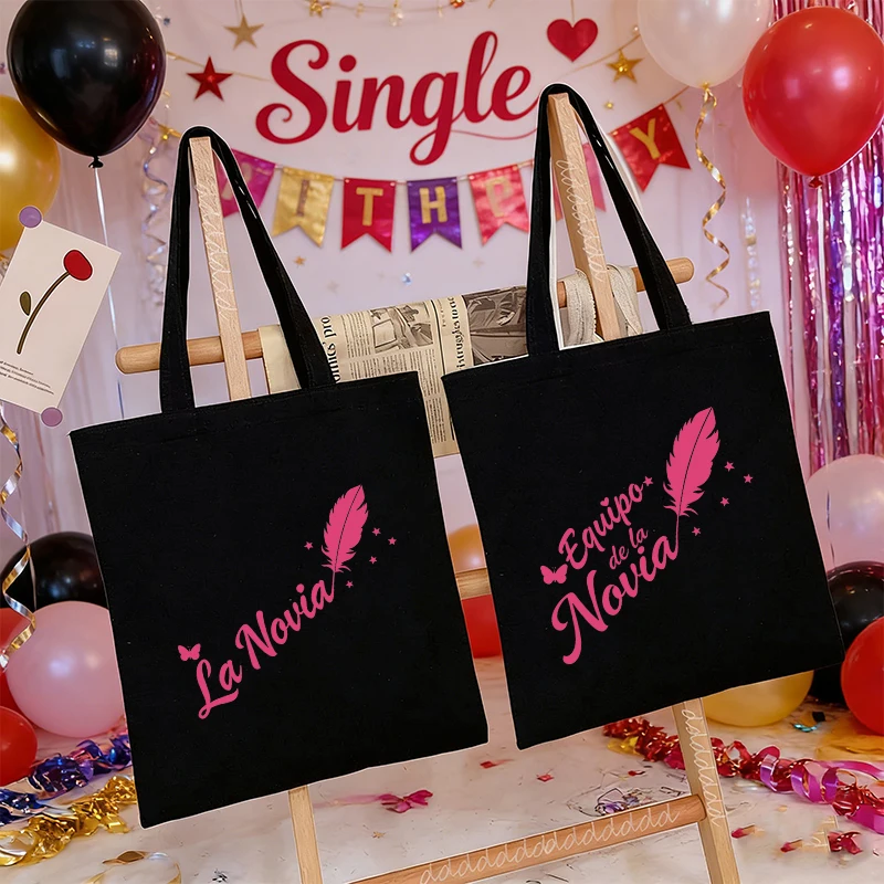 Spanish Bridal Shower Tote Bags Team Bride Tribe Feather Print, Canvas Shoulder Bags for Bachelorette Party Hen Night Wedding