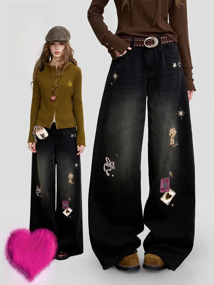 

Ele Fce на подкладке, вышитые лоскутные широкие повседневные джинсы, женские прямые брюки с высокой талией, неэластичная смесь хлопка