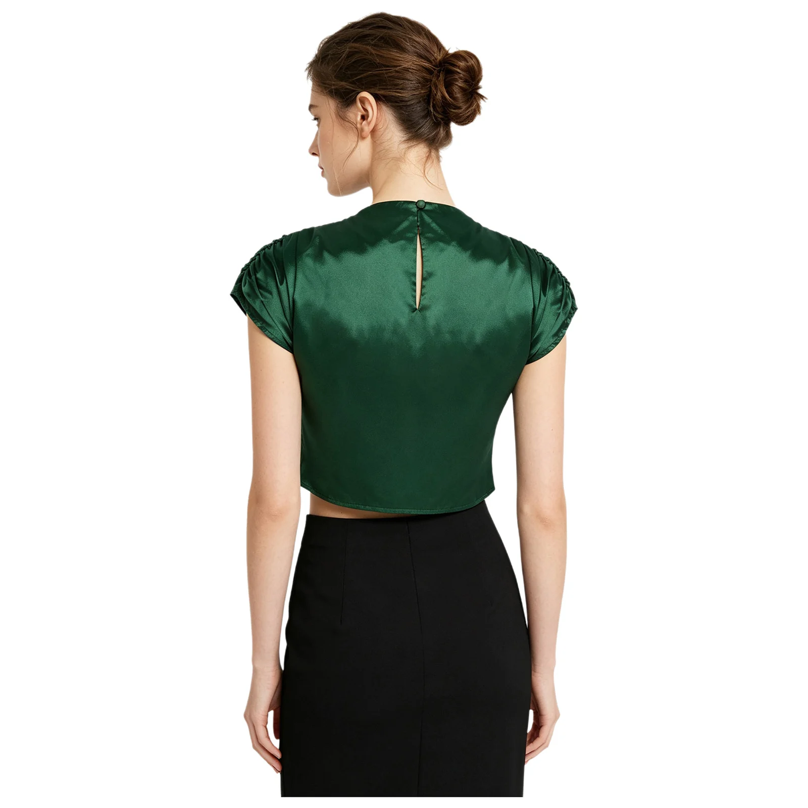 Women Satin Dressy Cropped T-shirt Mock Neck Ruched Cap Sleeve Back Keyhole Blouse Shirt Top for Business Casual Daily