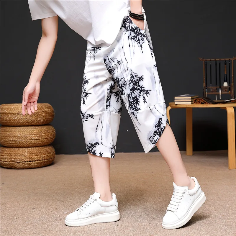 

Мужские летние тонкие повседневные спортивные брюки из ледяного шелка, новые, в китайском стиле, в национальном тренде, укороченные, модель Харлан Ма