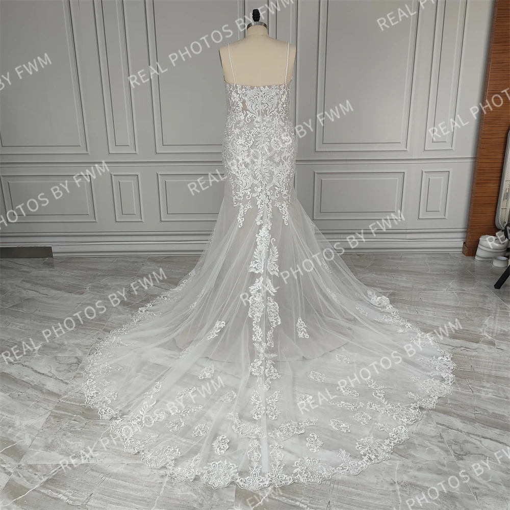 12886# Customzied Spaghetti Straps Sweep Train Mermaid Wedding Dress Bridal Gown For Plus Size Women With Beading Sequined Lace