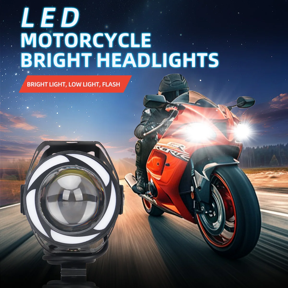 1/2pcs Angel Eye Mini Motorcycle Headlight Auxiliary Driving Lights High Low Beams Motor LED Spotlight ATV Scooter Accessories