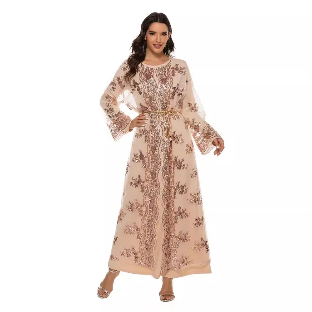 

Eid Muslim Sequin Embroidery Kimono Cardigan Abaya Dubai Light Luxury Elegant Long Dress Turkish Flared Sleeve for Women Dresses