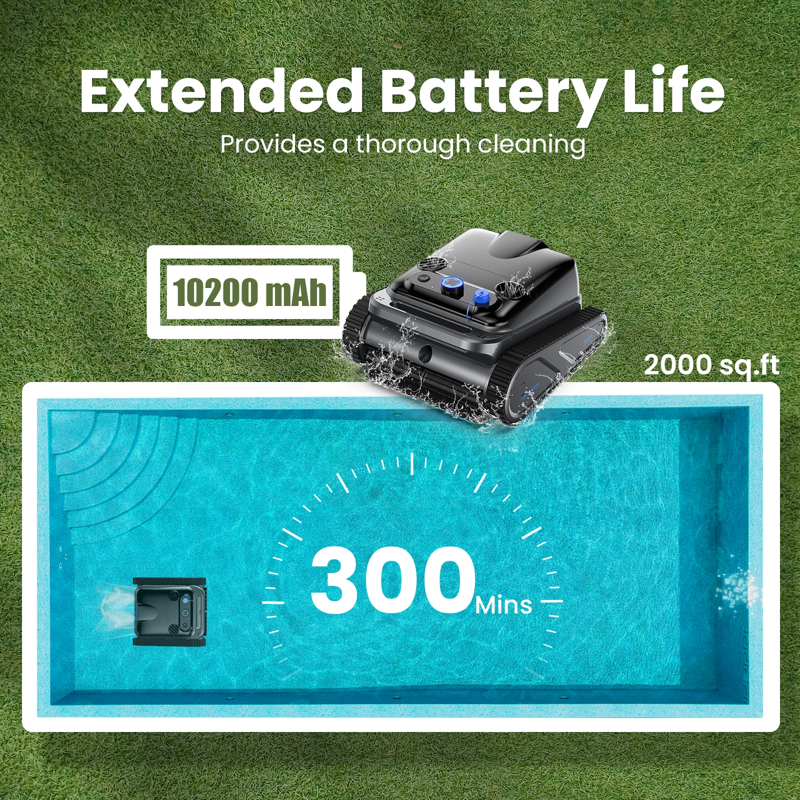 Y50 detergente per piscina robotico senza fili pulizia di pareti e linee d'acqua, 300 minuti di autonomia, pianificazione intelligente del percorso, pulisce fino a 2,000 mq.
