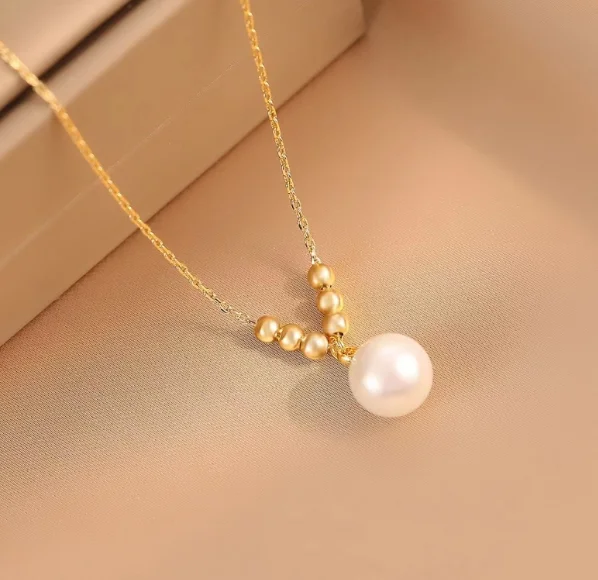 

18k gold necklaces for women natural pearl necklace 8mm pearl + 3mm 18k gold balls