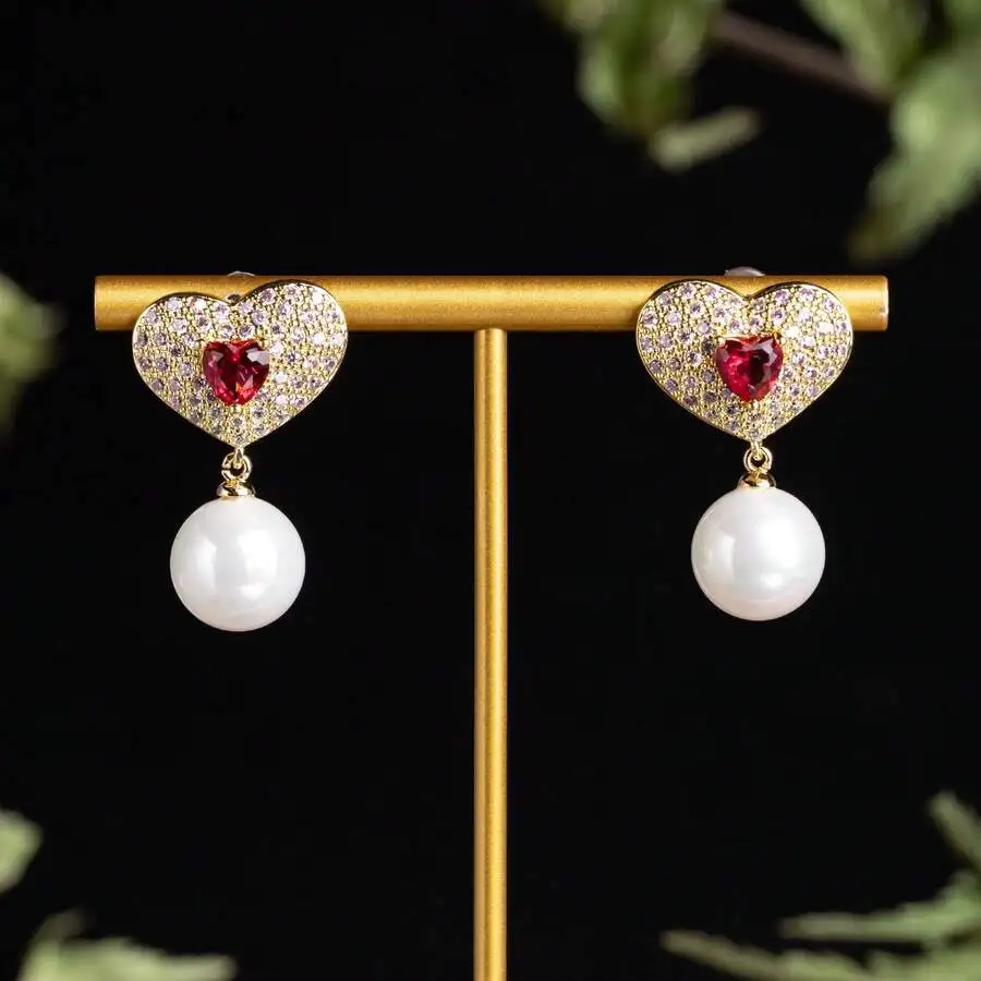 

Heart Shape Drop Earrings With Zirconia And Pearl For Women