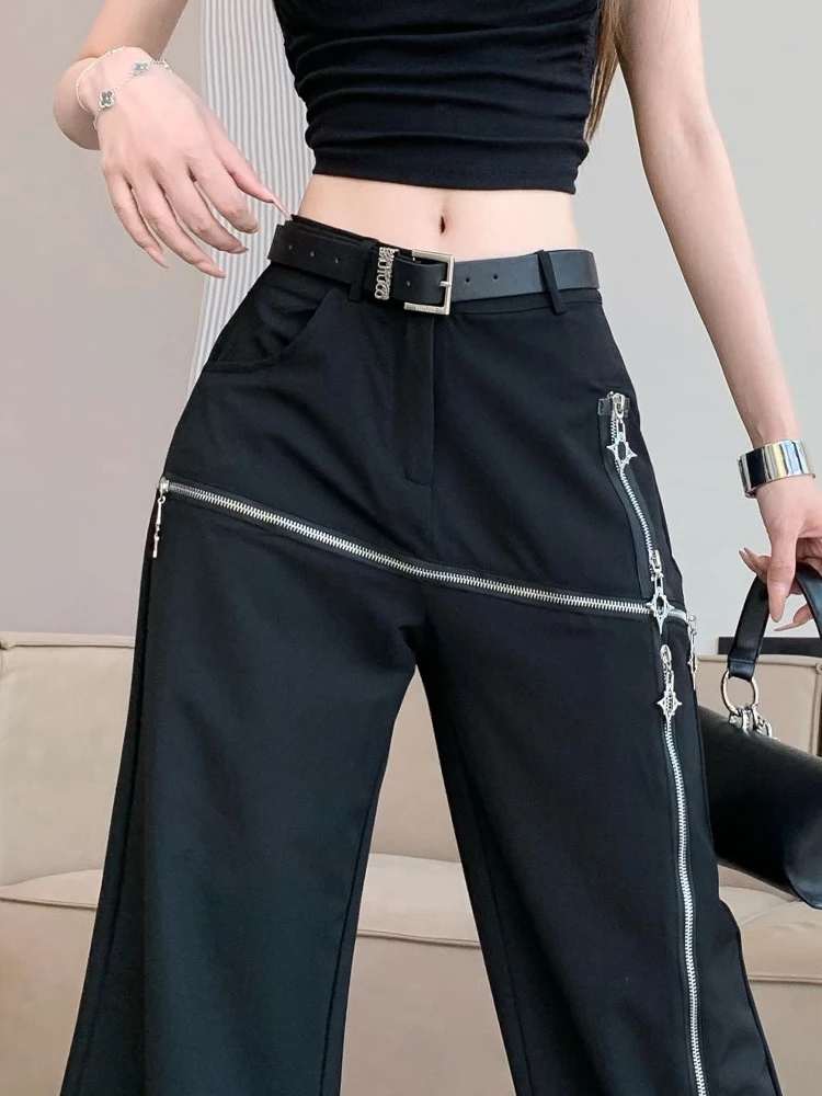 Spring 2024 Niche Design Zipper Deconstructed Suit Pants Clean Fit Casual Black Straight Wide Leg Trousers Women