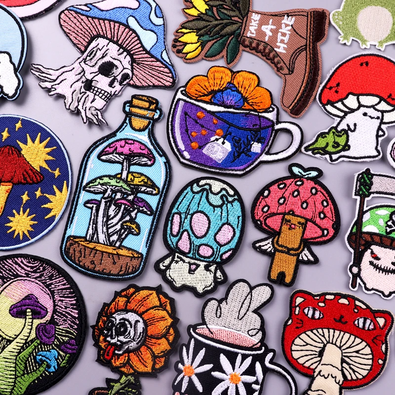 Mushrooms Patch Iron On Patches On Clothes Vegetation Badges Cartoon Patch Embroidered Patches For Clothing Hook Loop Stickers