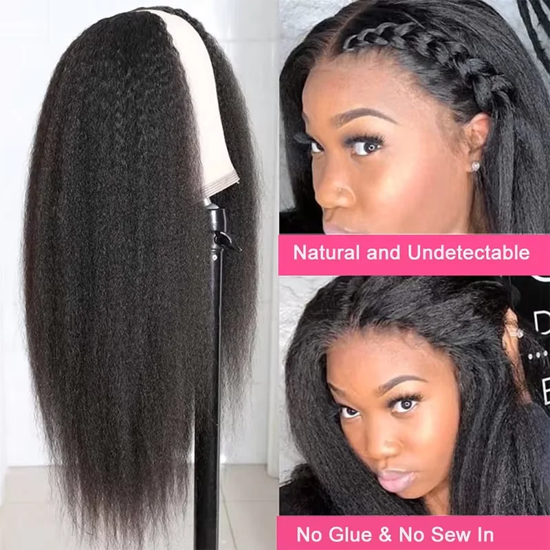 Kinky Straight V Part Wig Machine Made Human Hair For Women With Drawstring 220 Density Upgrade No Leave Out No Sew In Natural Color