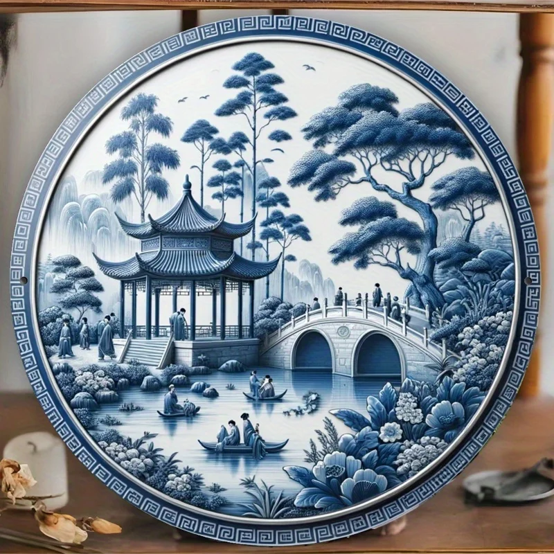 Round Aluminum Metal Wall Art Sign, Featuring a Blue And White Porcelain Plate, Distinctive Home Decoration, 2D Flat