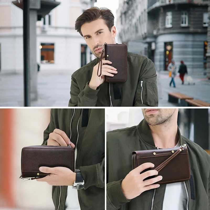 CONTACT'S Clutch Wallets For Men Genuine Leather Male Handbags Coin Purses Passport Cover Card Holders Money Clips Men's Wallet