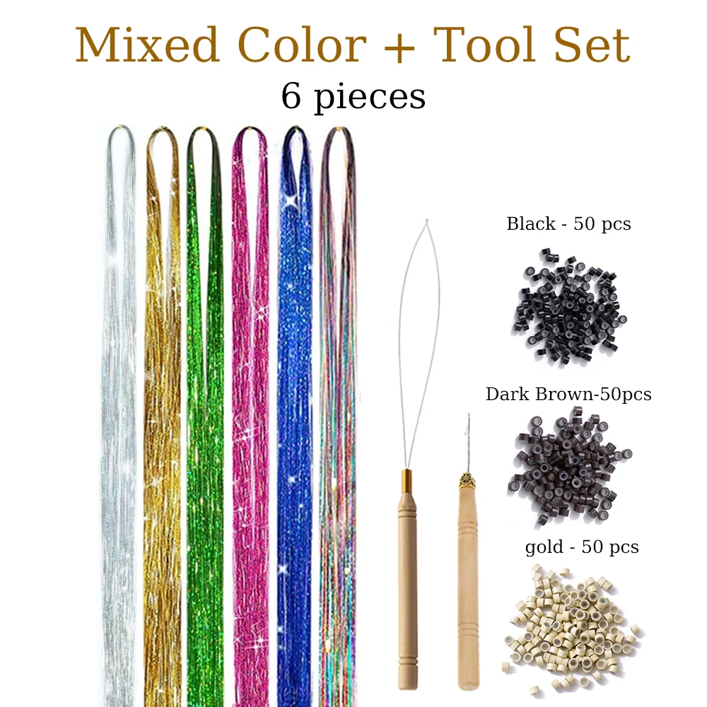 Kit de guirlandes de cheveux de 48 pouces avec outil 1200 brins Extensions de cheveux de guirlandes 12 couleurs guirlandes de cheveux de fée, guirlandes de cheveux brillantes scintillantes