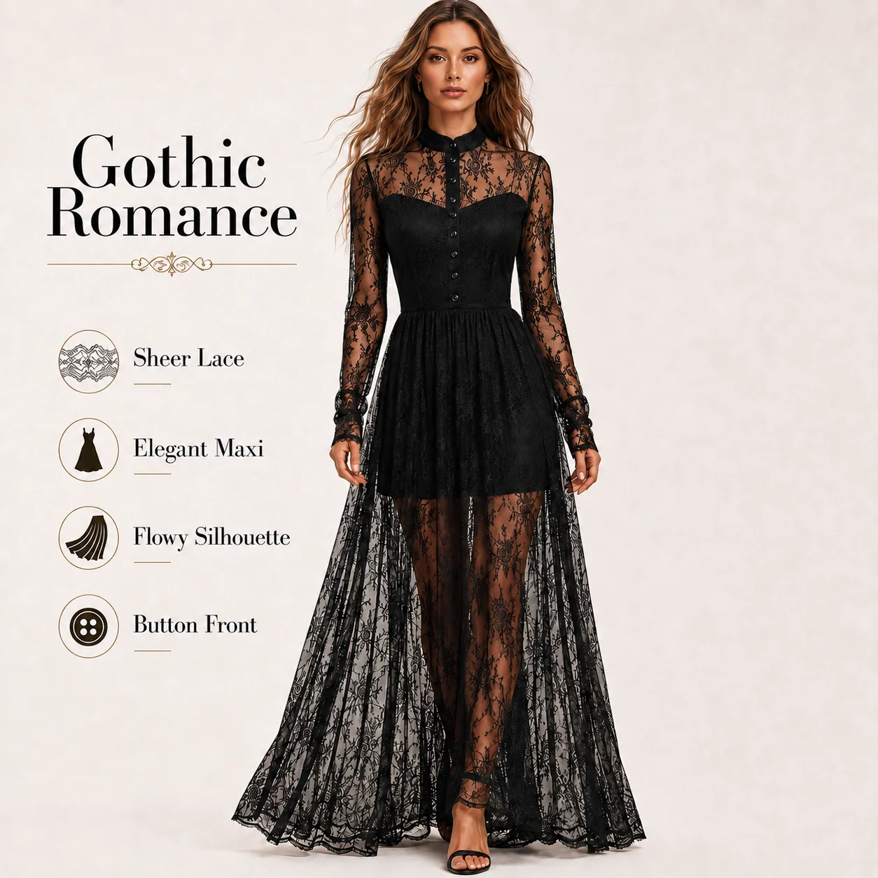 Damen Gothic Schwarzes Spitzen-Maxikleid mit hohem Kragen, langen Ärmeln, Knopfleiste vorne, transparentem Netzstoff, Party-Abendkleid, Hochzeitsgastkleid