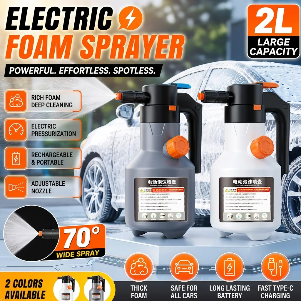 Lavadora de Espuma Elétrica Portátil Recarregável, Garrafa de Spray de Espuma de Alta Pressão, Dispositivo Durável para Lavagem de Automóveis