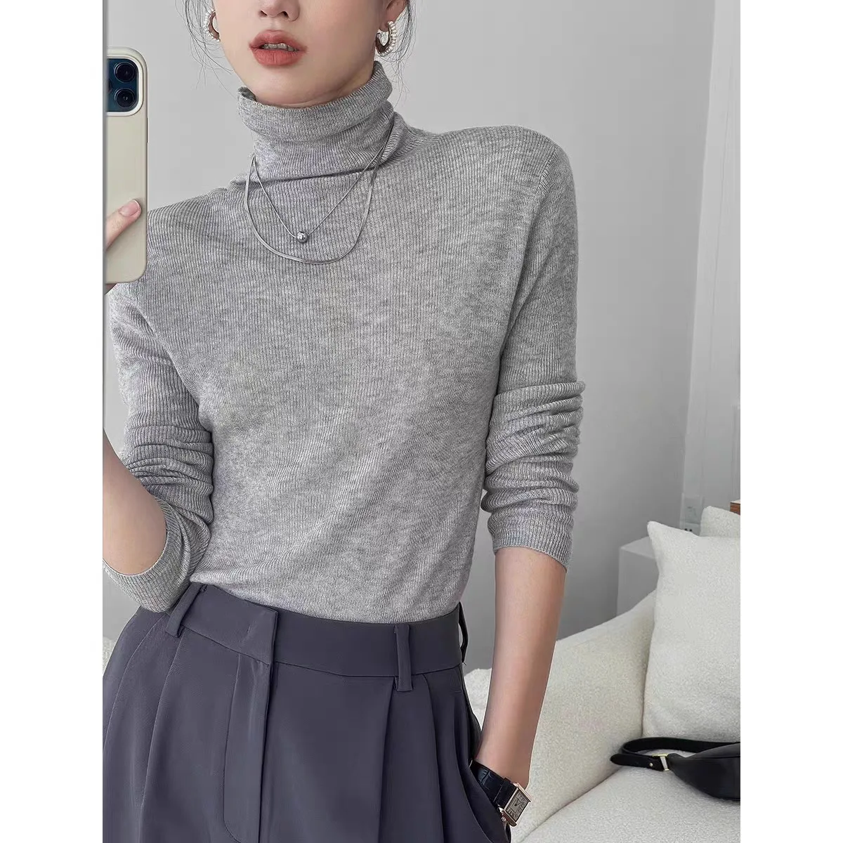 

High neck sweater women's 2025 autumn and winter slim fit fine spun wool knitted base sweater