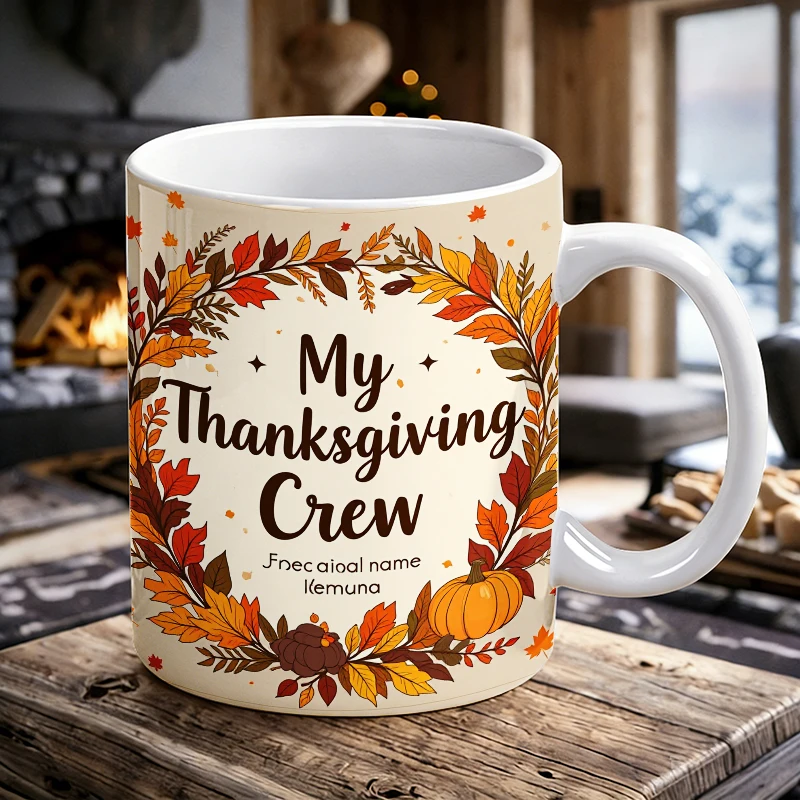 

11 oz 'My Thanksgiving Crew' handled ceramic mug, fully printed coffee mug, insulated milk cup, office water cup, fade-resistant