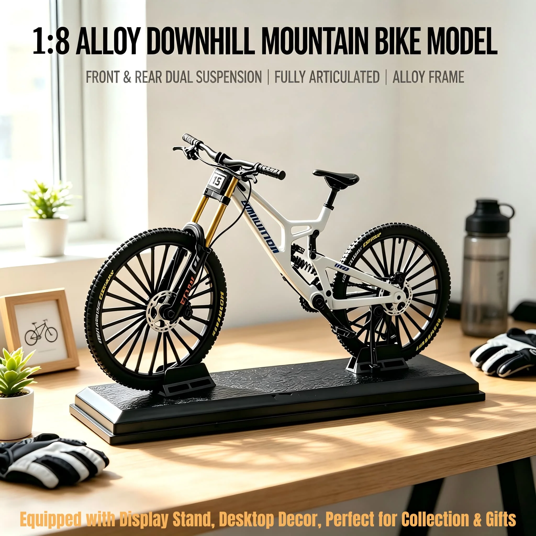 1:8 Scale Alloy Downhill Mountain Bike Model Diecast Full Suspension MTB Mini Bicycle Ornament Simulation Bike Collection Gift F