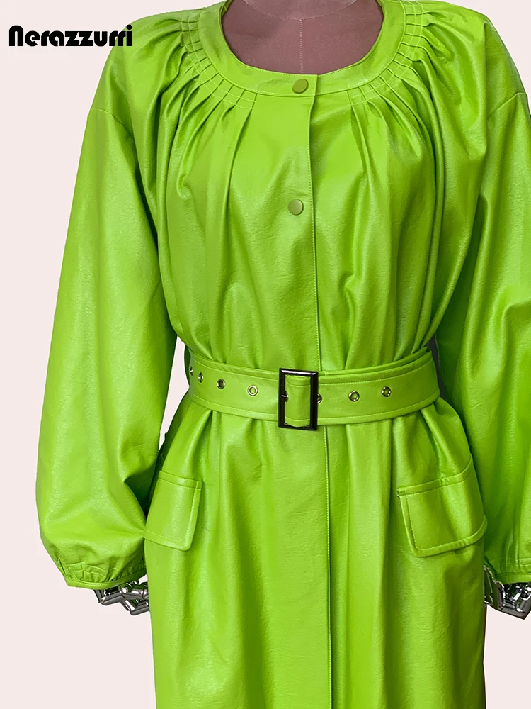 Nerazzurri-Manteau Long en Cuir PU pour Femme, Vert Brcorporelle, Ceinture Simple Boutonnage, Vêtements de Luxe de Styliste, Printemps Automne 2024