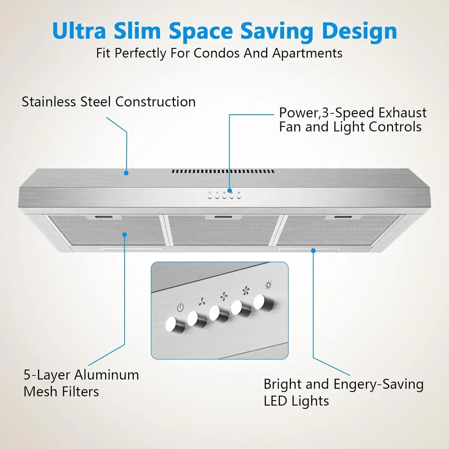 600 CFM Range Hood 36 Inch, Under Cabinet Range Hood for Duct/Ductless Convertible, Stainless Steel Kitchen Stove Vent Hood