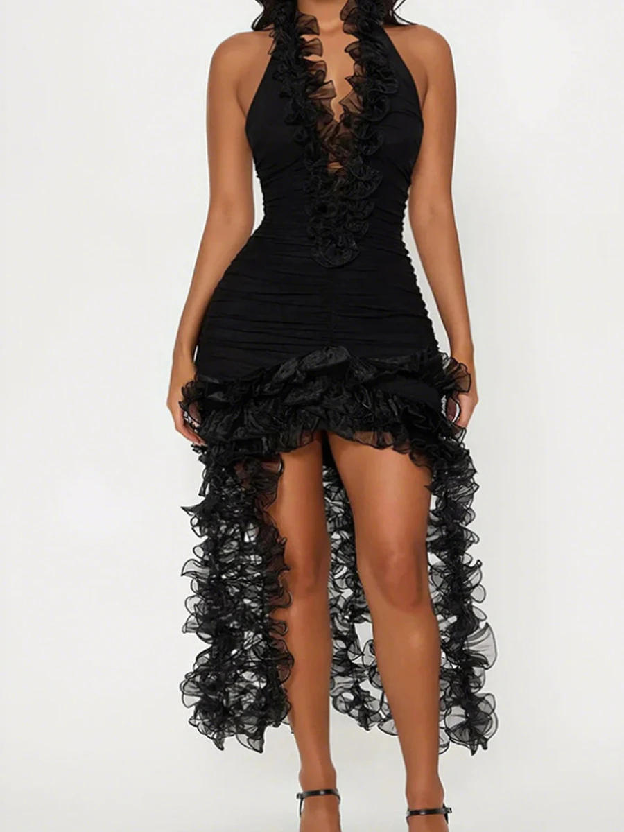 Sexy Halter Sleeveless Ruffles Tassels Irregular Dress