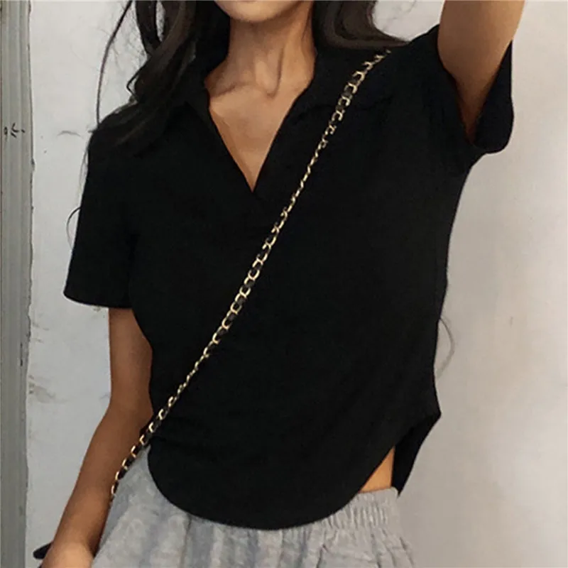 Sommer Kurzarm Revers Top Frauen Solide V-ausschnitt Pullover Retro Süße Shirts Heiße Mädchen Crop Top Weibliche Dünne Vielseitig t – Detail 6