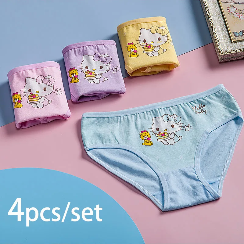 4pcs Hello Kitty Girls Triangle Cotton Panties Cartoon Four Color Bottoms Children's Panties Briefs for 2-10years Kids for Gifts