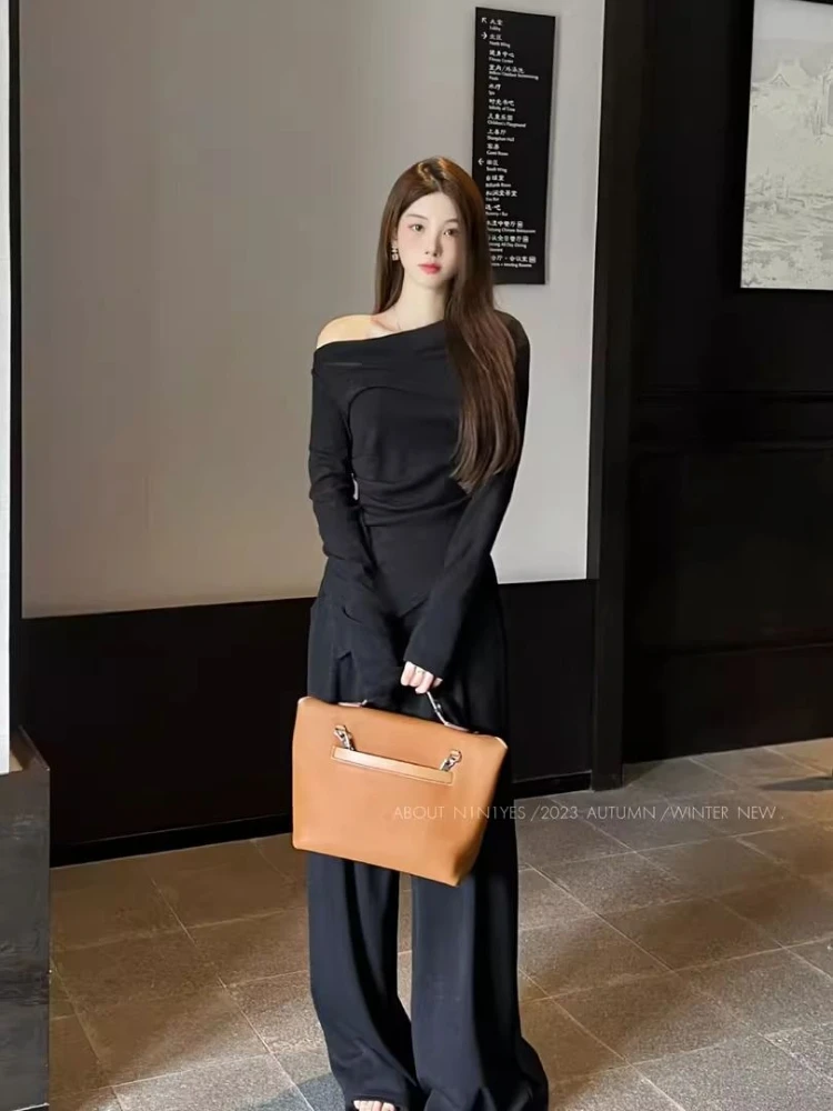 Slash-neck T-shirt Women Based Long-sleeves Asymmetrical Off Shoulder Hot Slim Solid Simple Ladies Korean-style Elegant Trendy